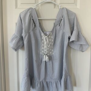 DR2 Blue Flutter Sleeve Blouse with Tie Front